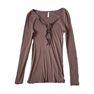 Vintage Y2K Old Navy Rib Knit Henley Women Medium Brown Ruffle Retro Long Sleeve